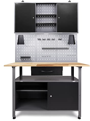 Ondis24 Werkstatteinrichtung Klaus, Metall, 1 Werkstattschrank, Lochwand, Hakensortiment, LED (Arbeitshöhe 85 cm, Schwarz)