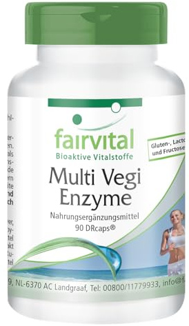 fairvital Multi Vegi Enzyme, 90 Kapseln, 100% pflanzlicher Enzymkomplex mit Bromelain + Papain + Amylase + Lipase + Lipase + Protease + Rutin, für eine zeitverzögerte Freisetzung