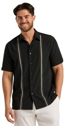 Cubavera Men's Cubavera Paneled Short Sleeve Shirt For Men, Classic Fit, Wrinkle Resistant, Casual Button-Down Shirt For Men With Spread Collar (Sizes Small - 5Xl), Jet Black, Large