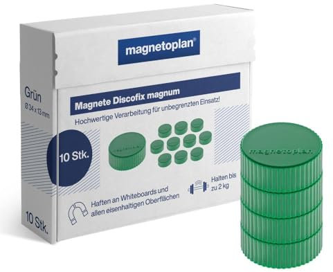 magnetoplan Premium Magnete Discofix magnum | ØxH 34x13mm | 10 Stück, grün | Haftkraft: 2 kg | Magnete für Magnettafeln und Whiteboards | Kratzfreie Spezialbeschichtung | Leicht abnehmbar