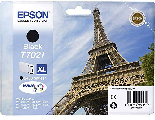 Epson T7021 Eiffel Black Genuine, XL High Yield Ink Cartridge DuraBrite Ultra