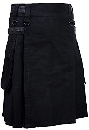 SHYNE KILTS U.K Herren Schwarz Lederriemen Mode Sport Utility Kilt Deluxe Kilt Verstellbar Größen - Schwarz, Schwarz, 44