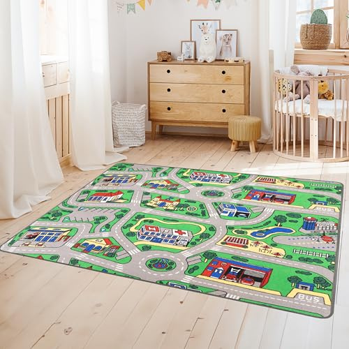 Primaflor Kinder-Teppich City 160 x 200 cm Interaktiver Straßenteppich mit Straßen & Gebäuden – Kindermatte für kreative Aktivitäten – Pflegeleicht, kurzflorig, Hochwertig CE & GUT geprüft