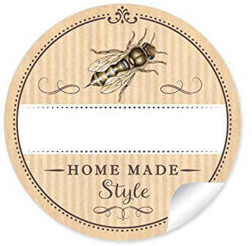 24 STICKER: Home Made Style 24 Schöne Honigetiketten für die Küche in natur mit Biene: mit Freitextfeld für die Honig Sorte (A4 Bogen) • Etiketten im Format 4 cm, rund, matt, für Imker