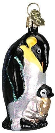 Old World Christmas Emperor Penguin with Chick, Green Glass Blown Ornament for Christmas Tree, Handcrafted Holiday Decoration, Wildlife Animal Collection