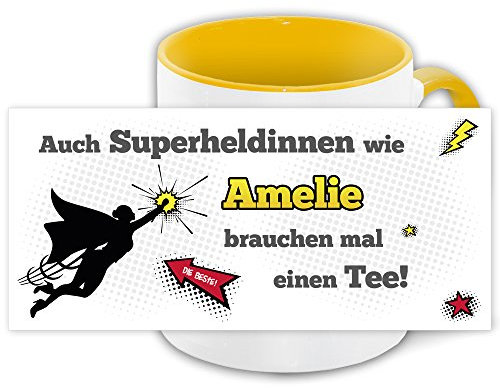Namens-Tasse Amelie mit Superheldinnen-Motiv für Teetrinker, gelb/weiss