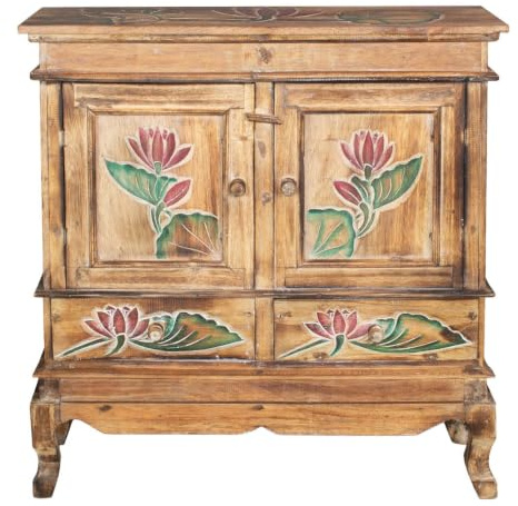 Oriental Galerie Schrank Kommode Sideboard Flurschrank Dielenschrank Telefonschrank Blumen Lotus 85cm Braun Color W/W