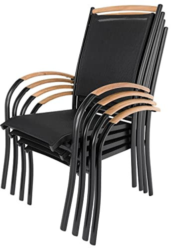 ib style Gartenstuhl 4er Set Diplomat - Stapelstuhl, Aluminium, Teakholz Armlehnen, Stapelbar, Rostfrei, für Terrasse, Balkon, Garten, Vormontiert, 150 kg belastbar, Schwarz