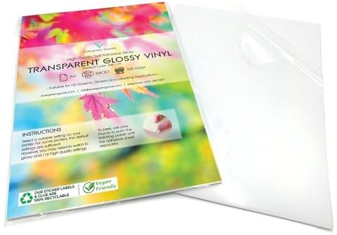 Evergreen Goods A4 Weiß 20 Blatt | Transparentes Glänzendes Vinyl-Aufkleberpapier | Selbstklebend Für Tintenstrahldrucker | Hd-Grafiken | Ideal Für Papierbasteleien, Aufkleber Für Zuhause Und Das Büro