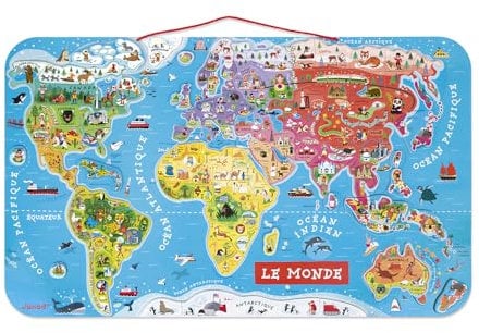 Janod - Magnetisches Weltkarten-Puzzle aus Holz, 92 magnetische Teile, 70 x 43 cm, französische Version, Lernspiel für Kinder ab 7 Jahren, J05500 Metallisches Silber