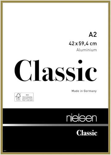 nielsen Bilderrahmen, 42 x 59,4 cm (A2), Aluminium, Gold glanz, Posterrahmen zum Aufhängen im Hoch- & Querformat, Echtglas, Classic