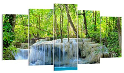 Wandbilder Dekoration Wohnzimmer Wasserfall Wald Umwelt Mehrteilige Bilder auf Leinwand 160x85cm Leinwandbild Schlafzimmer Set 5 teilige Wand Kunstdruck Art Groß XXL Wanddeko Bild Canvas EA160x85-2664