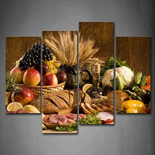 First Wall Art Moderne 4 Paneele Leinwand Frische Früchte auf dem Tisch Küche Wandkunst Gemälde Das Bild auf Leinwand Essen Bilder Bunt