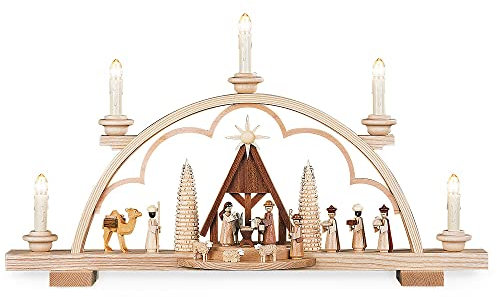 Rudolphs Schatzkiste Lichterbogen Schwibbogen Christi Geburt mit Krippe Natur elektrisch beleuchtet (230V 50Hz) (LxBxH):57x11x32cm NEU Lichterbogen Fensterbogen Spitzbogen Erzgebirge Seiffen