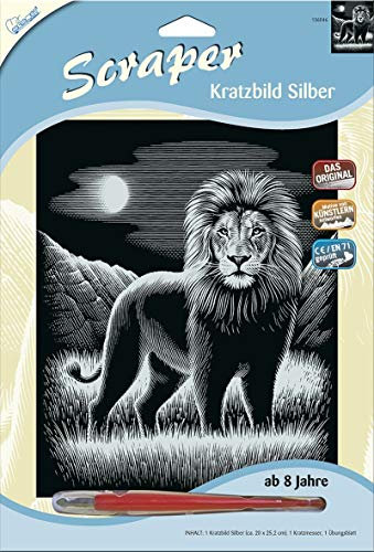 Mammut Spiel & Geschenk A30PPSF46 136046 Kratzbild Motiv Löwe, Silber, glänzend, Komplettset mit Kratzmesser und Übungsblatt, Scraper, Scratch, Kritzel, Kratzset für Kinder ab 8 Jahre