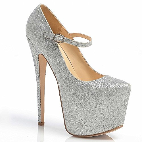 Core Collection Womens Ladies Mary Jane Stiletto HIGH Heel Party Platform Ankle Strap Shoes Size 3-8 Silver Glitter