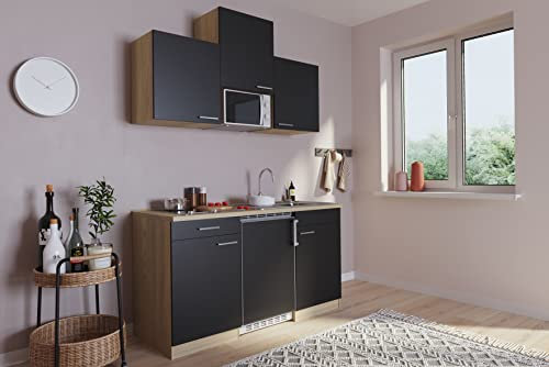 respekta Küche Miniküche Singleküche Küchenzeile Pantry Eiche Schwarz Luis 150 cm