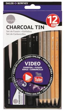 Daler-Rowney Simply Sketching Pencils, Metal Tin, Pencils And Charcoal Set, 12pcs