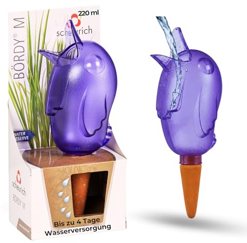 Scheurich Wasserspender Bördy M | 1 x Lila | 220ml Füllmenge | Bewässerungskugel klein mit Ton Fuß | Wasserspender Pflanzen und Blumen Terrakotta Stiel