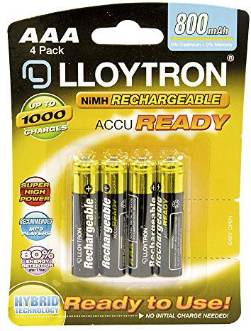 LLOYTRON NiMH Rechargeable AccuReady Batteries / AAA Size / 800mAh / Ready to Use/ 4 Pack - B009