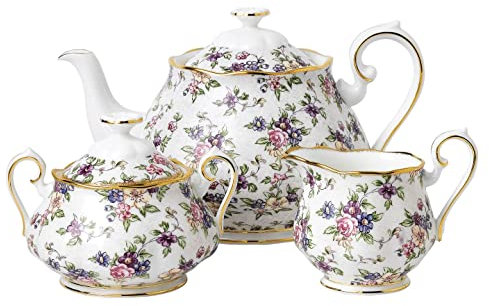 Royal Albert 100 Years 40017572 1940 English Teekanne, Zucker, Creme, 3-teiliges Set, weiß, feines Knochenporzellan, Englischer Chintz