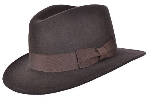 viz-uk wear Crushable Hand Made Gents Indiana Wool Felt Fedora Trilby Hat With Wide Band (LARGE-59CM, BROWN)