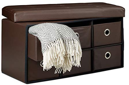 Relaxdays faltbare Sitzbank mit Stauraum in 6 entnehmbaren Fächern HBT: 38 x 76 x 38 cm Sitztruhe aus Kunstleder zum Falten mit Aufbewahrung Ottomane mit entnehmbaren Körben Sitzhocker, braun