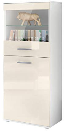 Vladon Vitrine Almada, Made in Germany, Standvitrine mit 2 Türen, 4 Fächern und 1 Glaseinsatz, Weiß matt/Creme Hochglanz (53 x 125 x 30 cm)