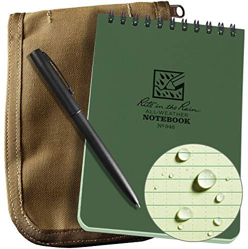 Rite in the Rain Weatherproof 4 x 6 Top-Spiral Notebook Kit: Tan CORDURA Fabric Cover, 4 x 6 Green Notebook, and an Weatherproof Pen (No. 946-KIT)
