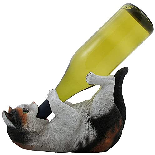 Drinking Calico Kitty Cat Wine Bottle Holder Sculpture for Decorative Tabletop Wine Stands and Racks or Pet Statues and Kitten Figurines As Christmas Gifts for Cat Owners