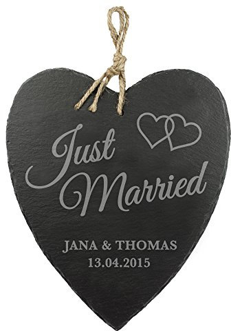 Casa Vivente Schieferherz mit Gravur zur Hochzeit – Motiv Herzen – Just Married – Personalisiert mit Namen und Datum – Hochzeitsgeschenk