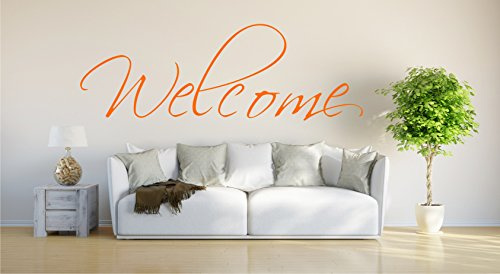 INDIGOS UG - Wandtattoo Wohnzimmer - Wandaufkleber Willkommen - 120cm x 41cm Hellorange E962 - Aufkleber Kinderzimmer Schlafzimmer Küche Badezimmer Büro Dekoration