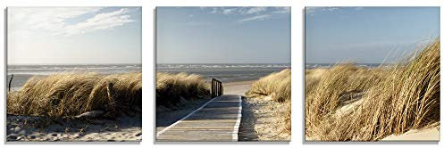 ARTland Wanddeko Glasbilder Wandbild Glas Bild Set 3 teilig je 50x50 cm Quadratisch Strand Meer Küste Nordsee Natur Landschaft Dünen Gräser Steg Maritim T5RM