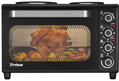 Trisa Mini Backofen 30L mit 2 Kochplatten & Drehspieß, Tischbackofen, 230°C | 30L Mini-Backofen, 2 integrierte Kochplatten, Inkl. Rotisserie-Drehspieß, 60-Min-Timer, Ober-/Unterhitze