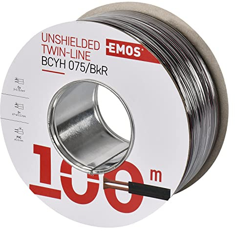 EMOS Kupferkabel 2 x 0,75 mm2, 100 Meter Zweidrahtleitung aus reinem Kupfer für Niederspannung, schwarz mit Polaritätskennzeichnung