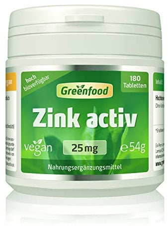 Zink aktiv, hochdosiert, 25mg - 180 Tabletten, vegan. Zinkbisglycinat - für hohe Bioverfügbarkeit. Wichtig für Stoffwechsel & Immunsystem etc. OHNE künstliche Zusätze - laborgeprüft. Von Greenfood.