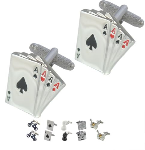 COLLAR AND CUFFS LONDON Manschettenknöpfe Herren Silber Farbe - Mit Box - Vier ASSE - Langlebiges Messing - 4 ASSE Aus Einem Kartenspiel - Poker Magie Zauberer Spiel - EIN Paar