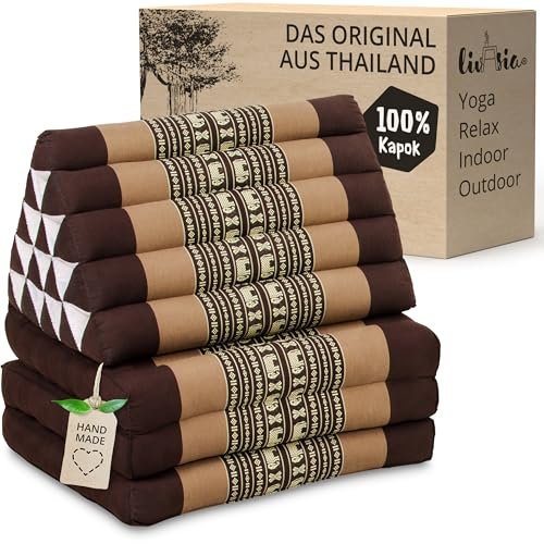 livasia Thaikissen 3 Auflagen extrahoch - 185x55x8cm - Dreieckskissen mit Klappmatratze, Kapok, Jumbo Rückenkissen faltbar, Thaimatte Klappen, handgefertigt, Meditationskissen (Braun/Elefanten)