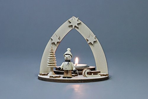 Teelichthalter Winterkind mit Schlitten Länge ca 12 cm NEU Schlitten Ski Winter Motivleuchte Lichtbogen Schwibbogen Holz Erzgebirge Seiffen Beleuchtung Weihnachten Geschenke Weihnachtsmann Ruprecht
