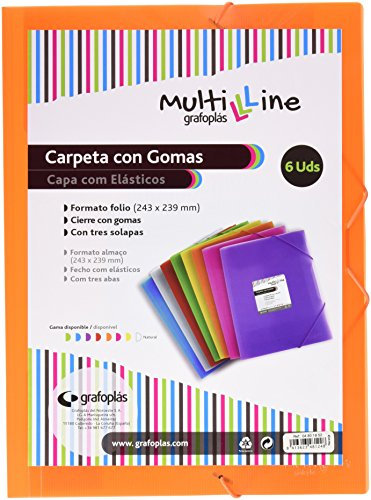 Grafoplás 4801852. Pack de 6 Carpetas Tres Solapas, Gomas Elásticas, Multiline, Tamaño Folio, Color Naranja