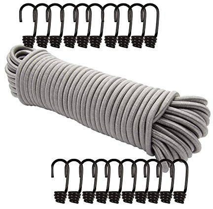 Dreamprint Expanderseil 10 m Grau 6 mm Gummiseil Gummischnur Spannseil Planenseil Gummileine elastisches Seil mit 20 Spiralhaken für ø 6 mm