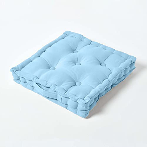 HOMESCAPES Luxury Floor Cushion Plain 100% Cotton Blue 40 x 40 x 8cm, Booster Cushion Seat Chair Pad Dining Thick & Plush Garden Floor Pillow for Kids Elderly Pets Indoor Outdoor Use