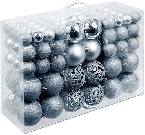 Weihnachtsgeschenke Set mit 100 Weihnachtskugeln – Dekoration – unzerbrechlich – für drinnen und draußen – Kunststoff – Ø3/4/6 cm – matt, glänzend, glitzernd und offen – Silber