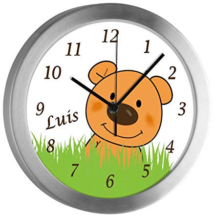 CreaDesign Kinder Funkwanduhr mit (Wunsch) Namen | Kinderzimmer Funkuhr| mit Analog ? Ziffernblatt | geräuscharm | Wanduhr Kind | Motiv Teddy Bär-Graß