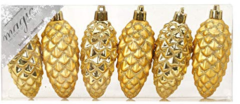 MAGIC 6 Kunststoff Zapfen 9cm Kunststoff bruchfest Christbaumkugeln Dekokugeln Weihnachtskugeln Baumkugeln Baumschmuck Set Gold
