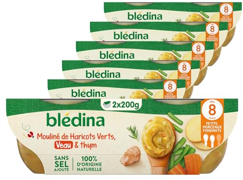 Blédina - Bols - Repas midi bébé - Mouliné de Haricots Verts, Veau & thym - Dès 8 mois - Sans sel ajouté - 12x200g