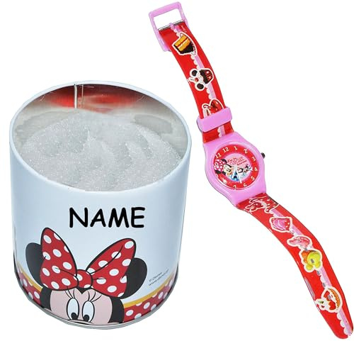 alles-meine.de GmbH Kinderuhr Minnie Maus + Aufbewahrungsdose/Uhrenbox incl. Namen - Uhr Kinder Armbanduhr - für Mädchen - Quarz Analog Lernuhr - Quarzuhr/Box Dose - Kinder-A..