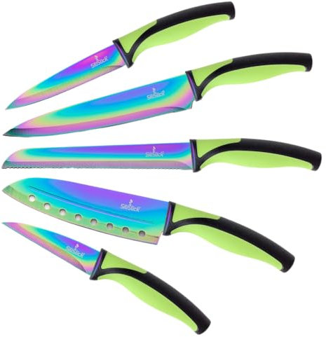 SiliSlick Titanium Coated Colorful Kitchen Knife Set - Sharp Stainless Steel Rainbow Knives Set with Kitchen Utility Knife, Santoku, Bread, Chef, & Paring Knives with Covers