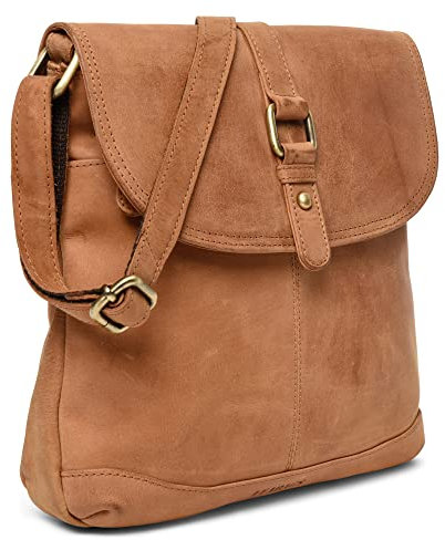 LEABAGS Leder Handtasche Damen I Premium Echtleder Umhängetasche I Damen Schultertasche I Damentasche I Tragetasche für Arbeit Uni Schule Freizeit I 27 x 23 x 6 cm I Nature Hellbraun