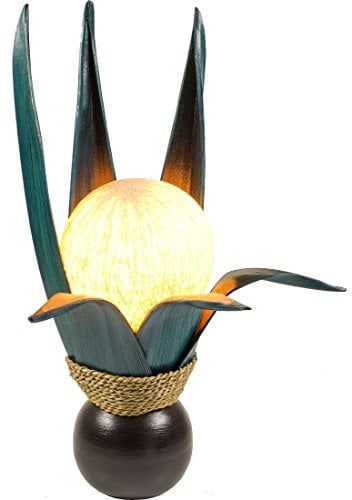 GURU SHOP Palmenblatt Lotus Tischlampe/Tischleuchte, in Bali Handgemacht aus Naturmaterial, Palmholz - Modell Palmera 8 Petrol, 47x26x26 cm